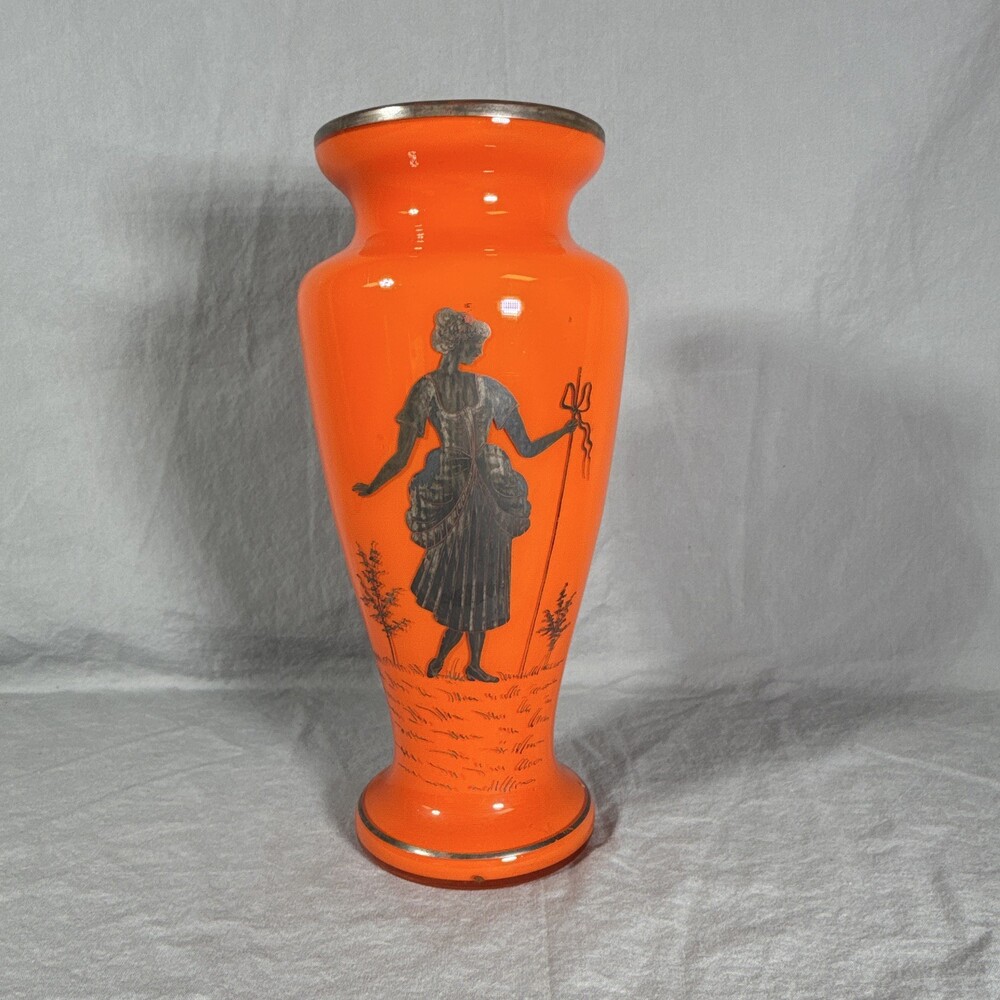 Vintage Art Deco Czech Tango Glass Vase Orange Enamel Silhouette Silver Rim 1920